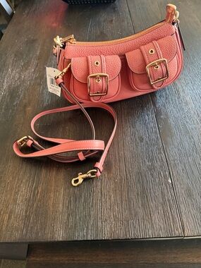 Coach Burnt Coral Ashton Pebbled Leather Crossbody with Buckle Pockets